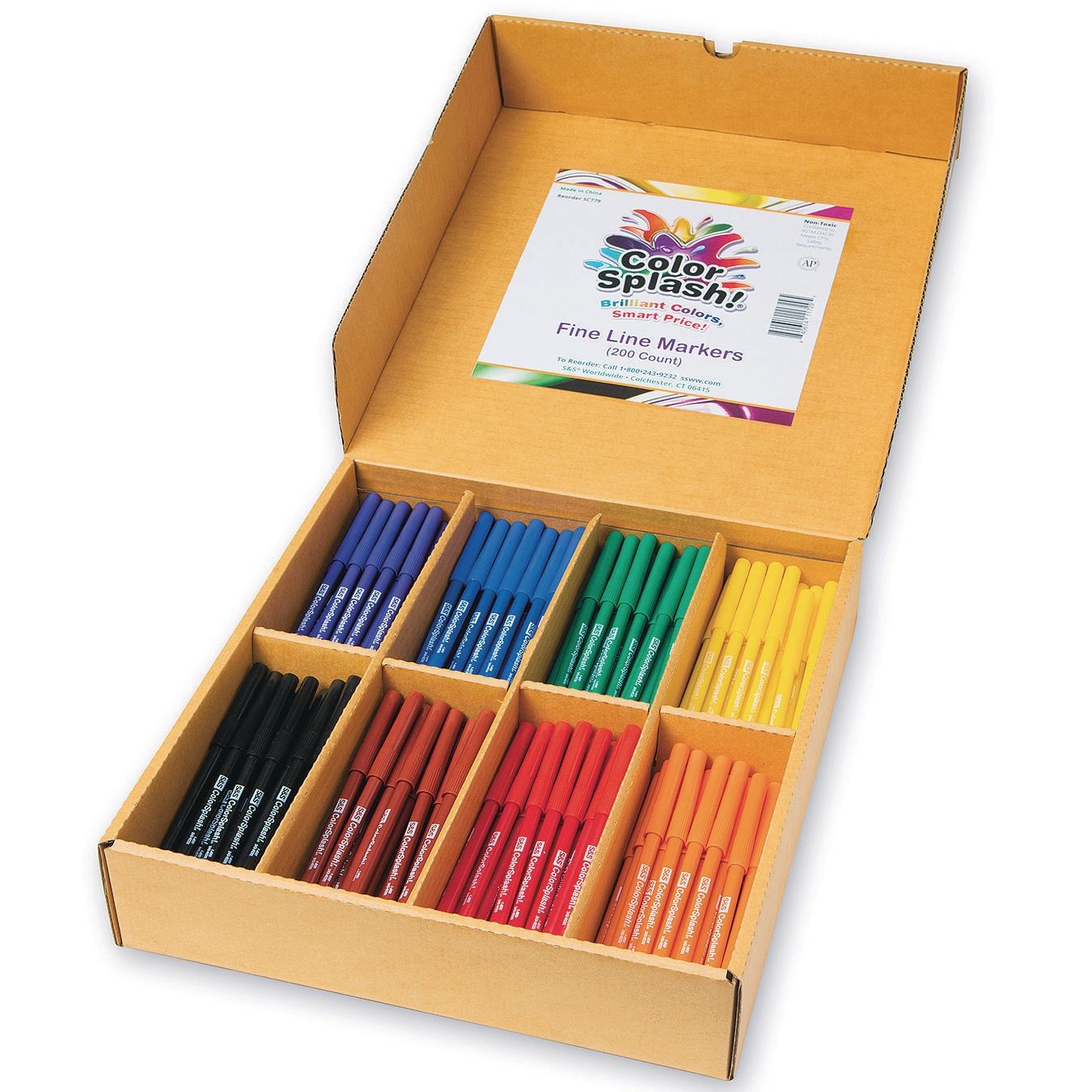 Color Splash Budget Fineline Markers Plus Pack, Assorted, 200/Pack (MV-0825)