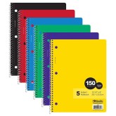 5-Subject Spiral Notebook 150 Sheets, College Ruled, Assorted Colors